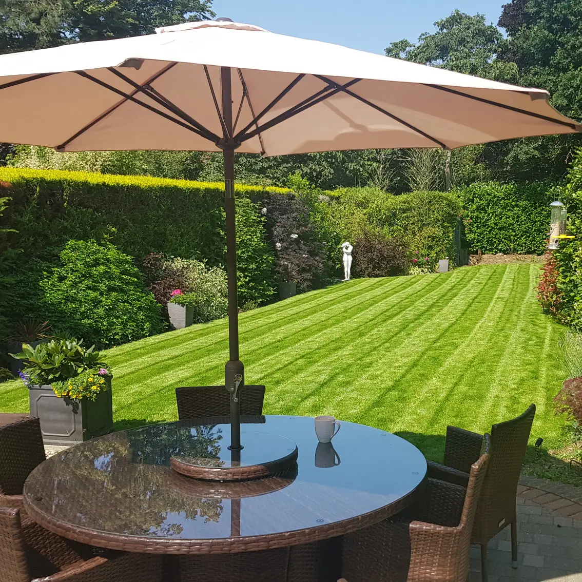 back garden with stripes on the lawn